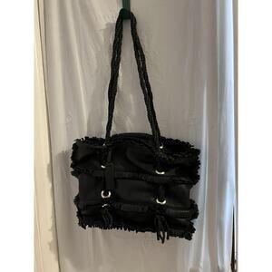 Sabrina Scala Black Fringed Leather Shoulder Bag 15x10x2.5 Braided Straps Boho